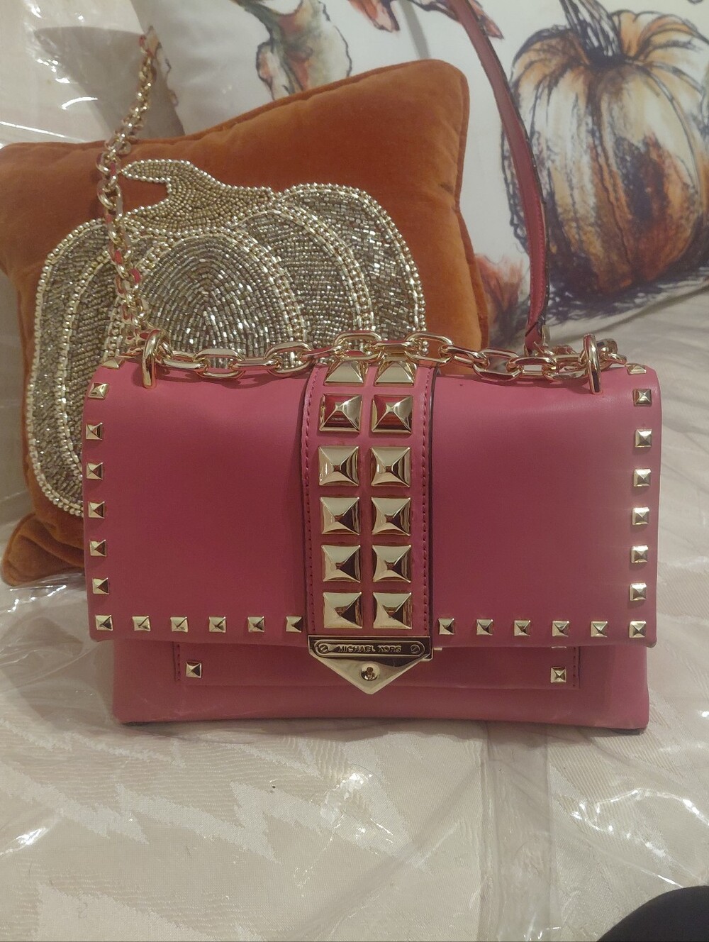 MICHAEL Michael Kors Pink Pyramid-Stud Leather Shoulder Bag with Gold Chain